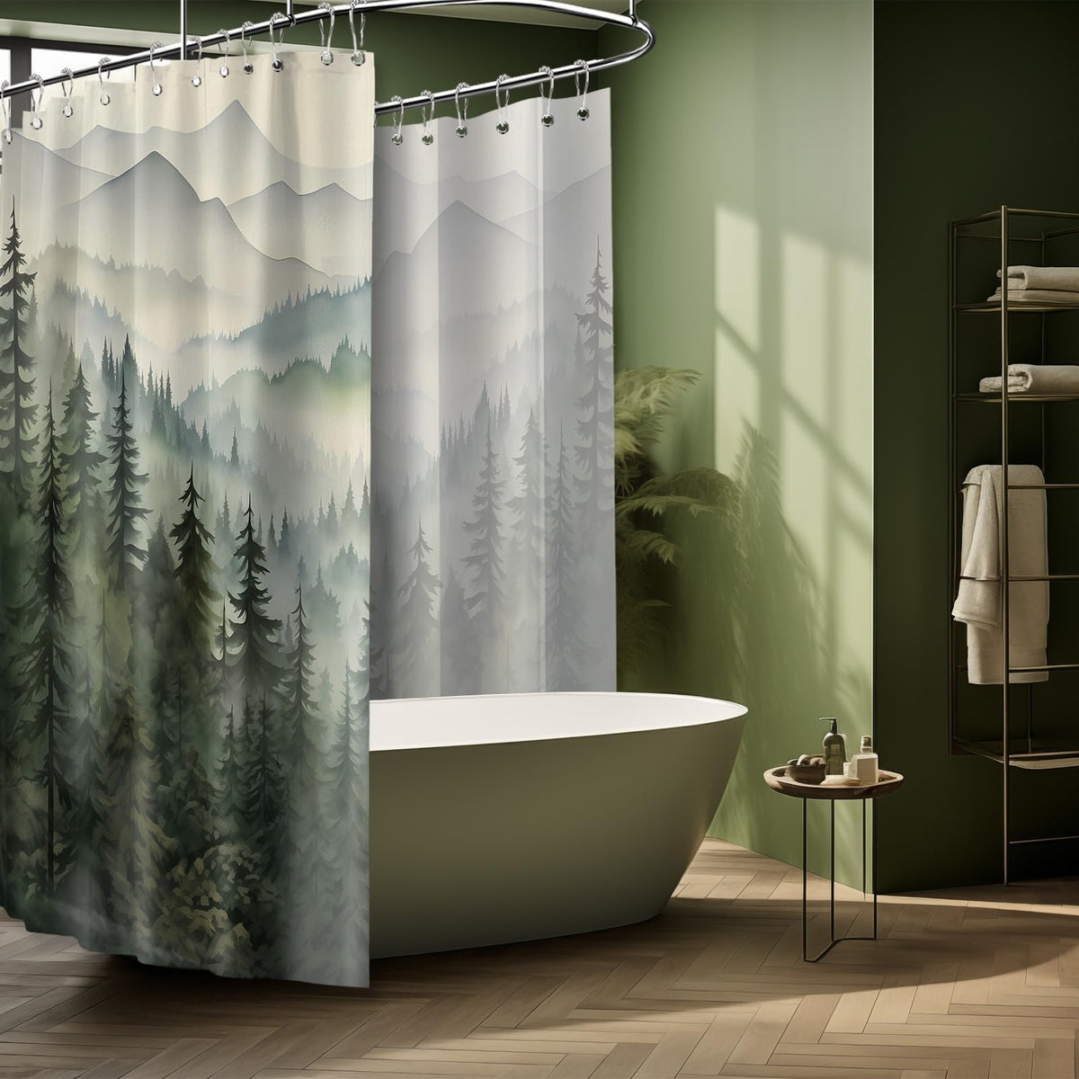 Sage Green Forest Extra Wide Shower Curtain, 108X72 in for Clawfoot Tub