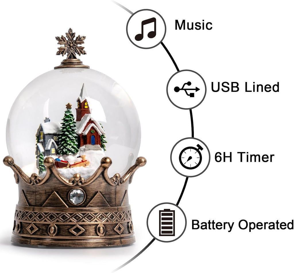 Christmas Snow Globe Lantern Water Glittering Village & Santa Crown with Music, USB Lined/Battery Operated Lighted