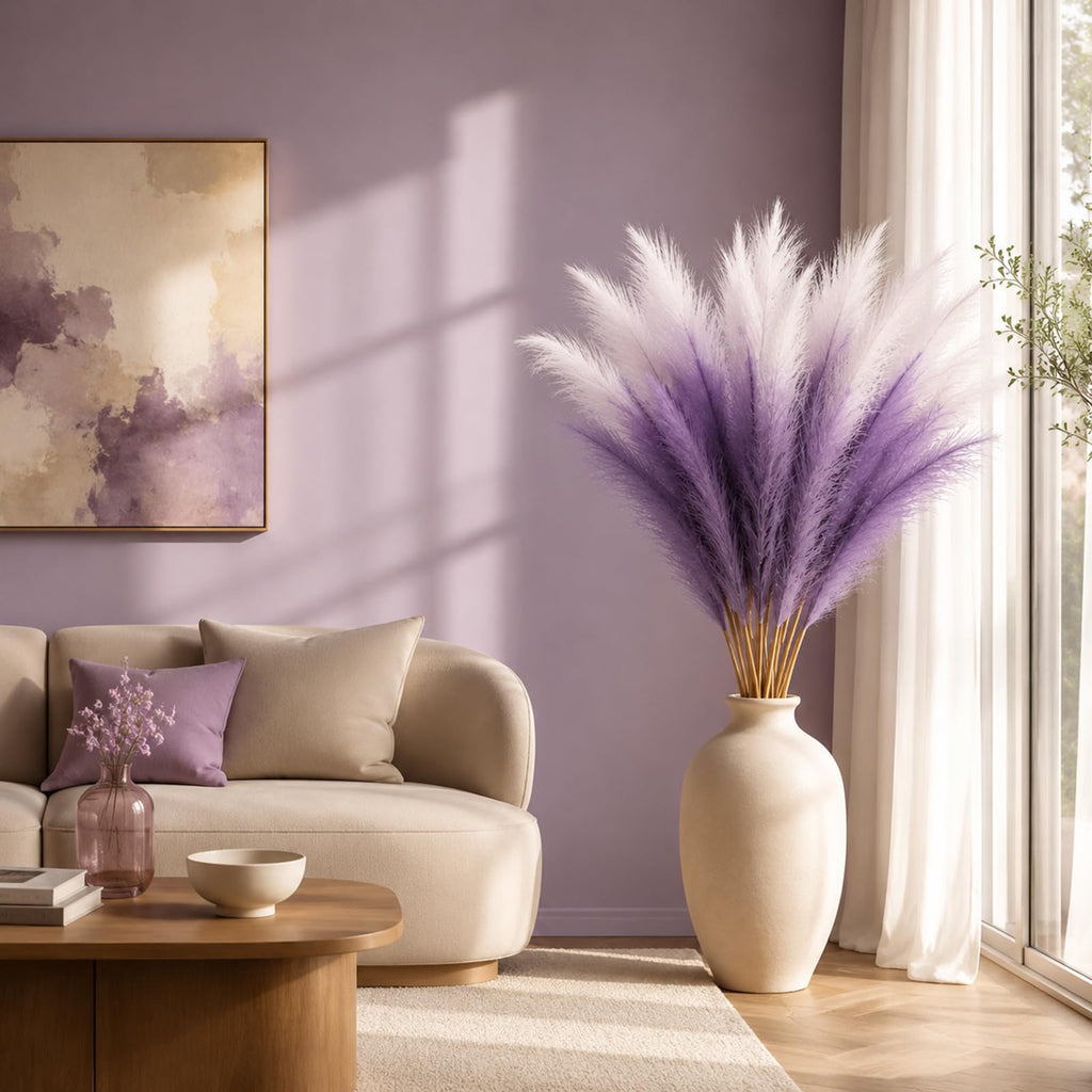 Artificial Pampas Grass, 9 Pcs 45" Mixed Color White & Lavender Purple