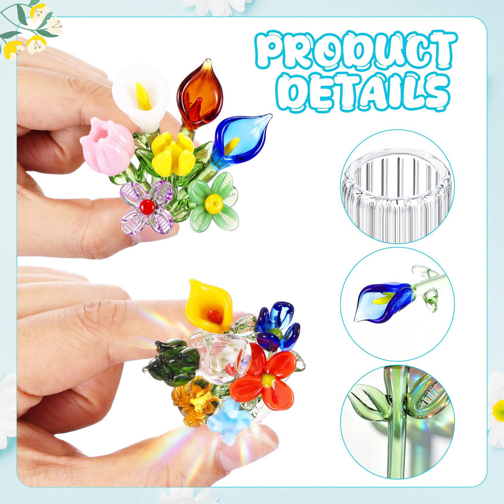 14 Pcs Mini Glass Flower Leave with Stems and 2 Vase Set, Style 2