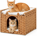 Handwoven PE Rattan Cat Bed with Ears, 2-Level Indoor Cat Cave House with 2 Removable Cushions, Foldable Hideaway