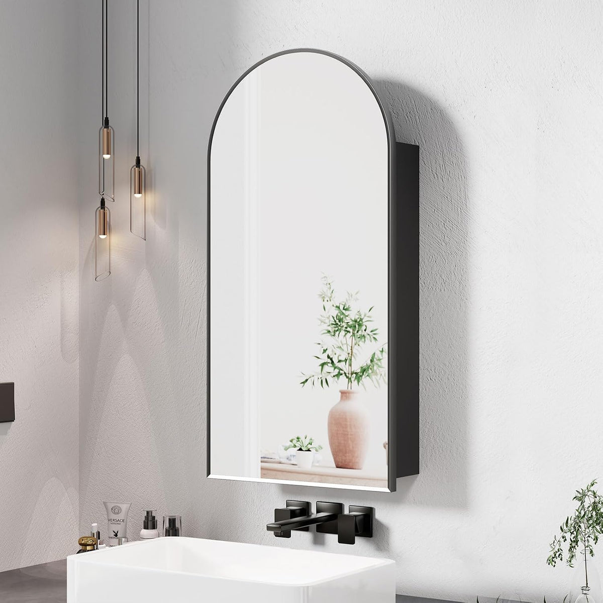 Arched Medicine Cabinet with Mirror, Arched Mirror Cabinet | Black Metal Edge,Medicine Cabinet Surface Mount