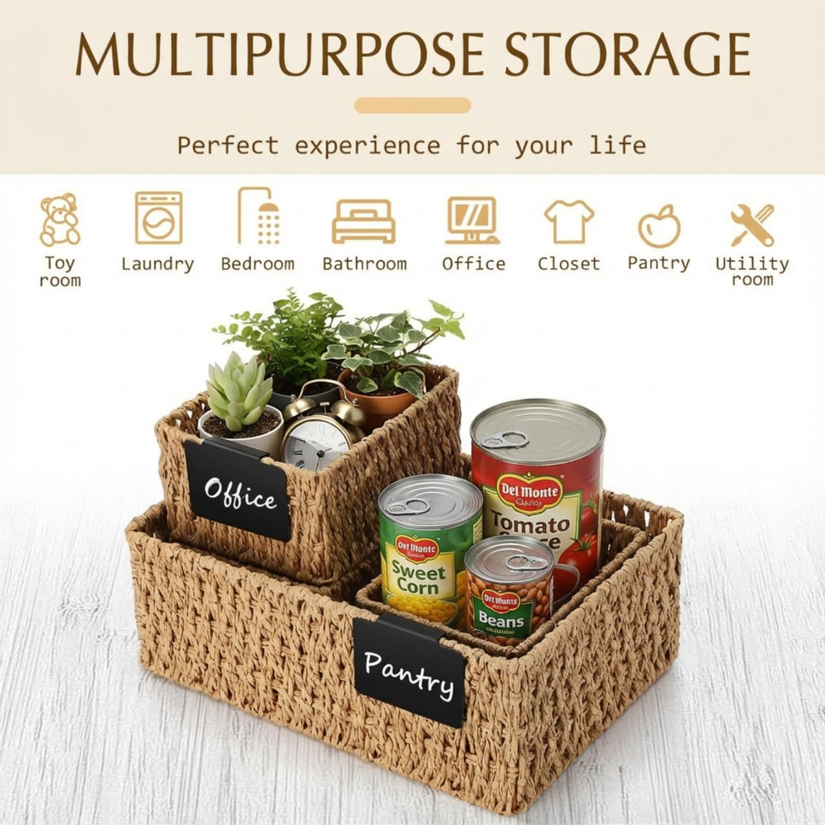 6 Pcs Wicker Storage Baskets for Pantry Organization with Labels