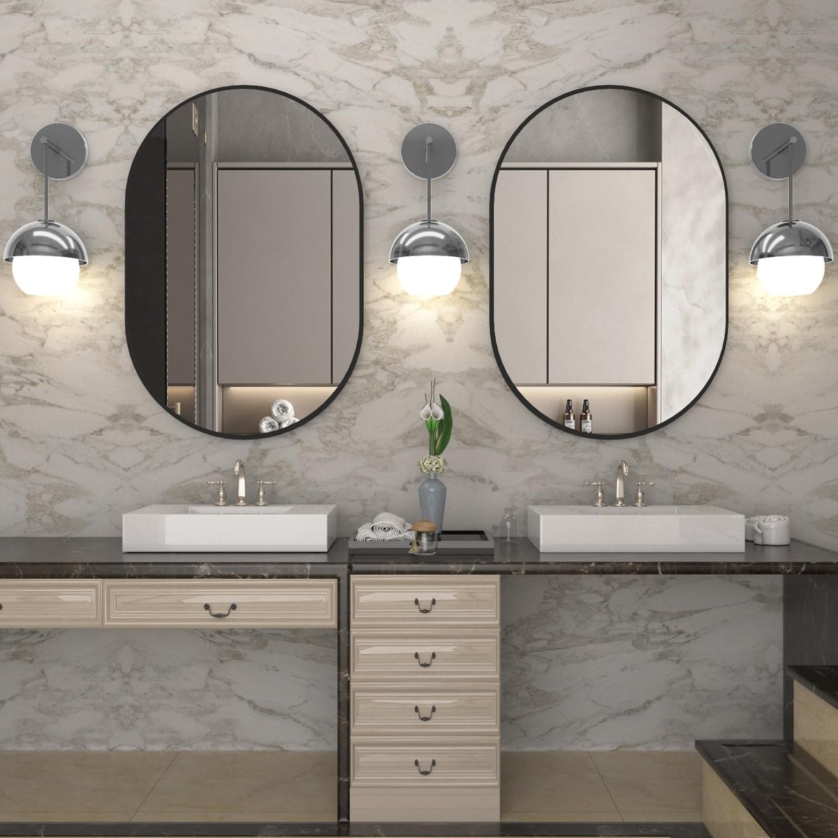 Oval Bathroom Mirror Capsule Wall Vanity Mirror, 24"x36" Pill Mirrors Wall Mounted Mirror, Large Modern Mirror