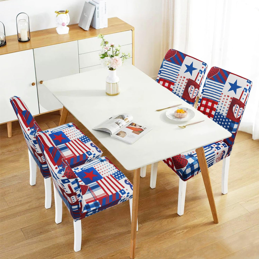 Dining Room Independence Day Chair Covers Set of 4, 4th of July Plaid Stitching Dining Chair Cover, Elastic Removable