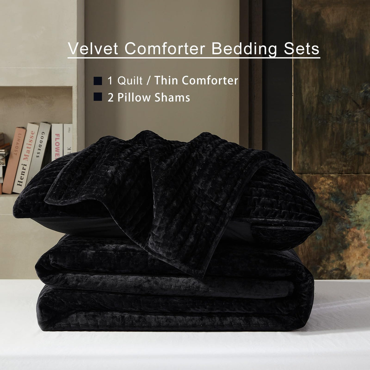 Luxury Velvet Quilt Set 106''x118'', Ultra-Soft Striped Channel Comforter with Exquisite Rice