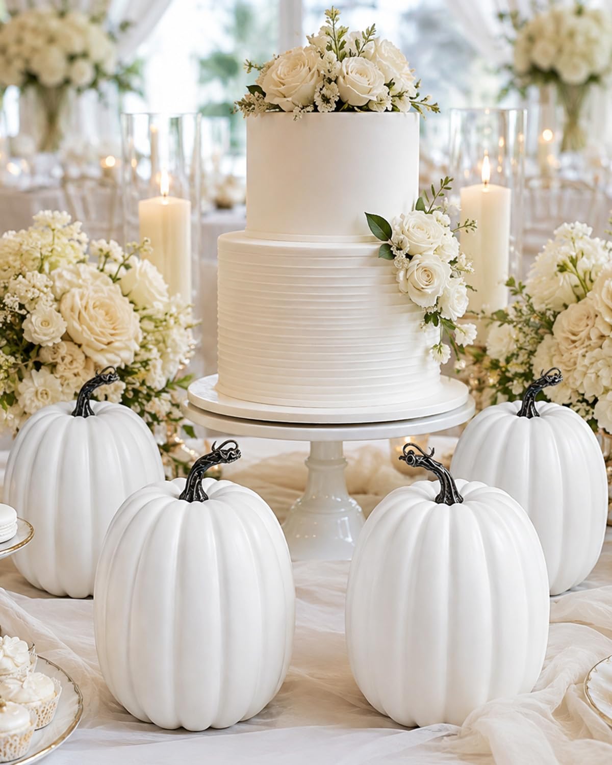 4 Pack 8 Inch Large White Artificial Pumpkins for Fall Decor