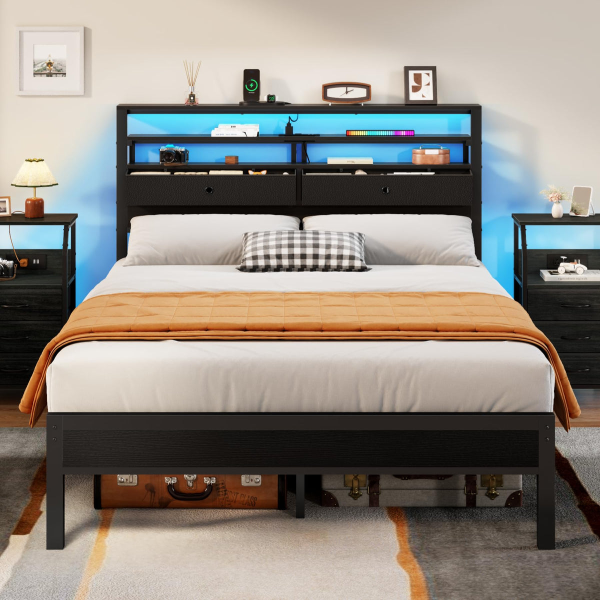 Full Size Bed Frame with Headboard & 2 Fabric Drawers, Black Oak