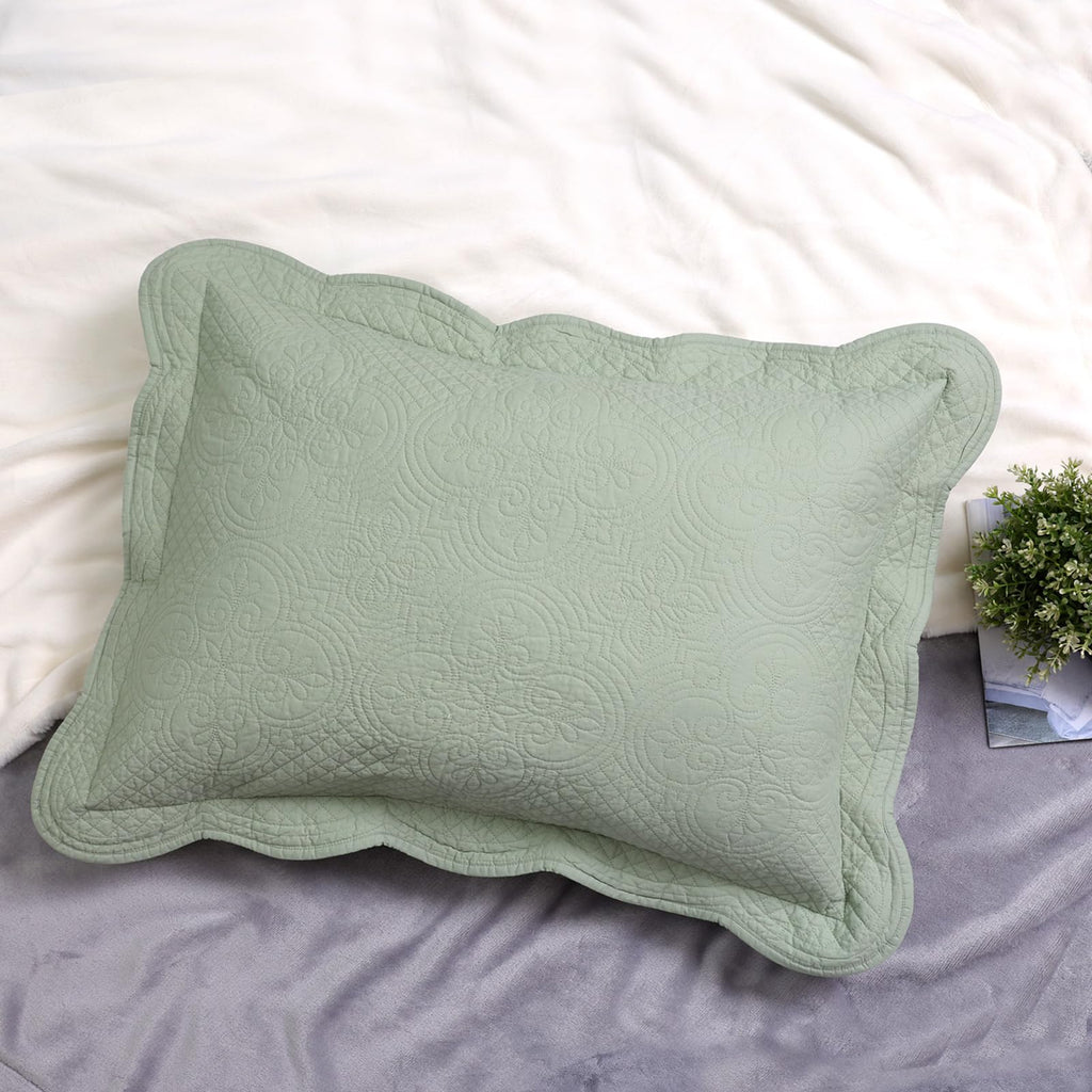 Quilted Pillow Sham Sage Green Standard Cotton Medallion Damask Set of 2 Embroidered Floral Scalloped Pillowcases