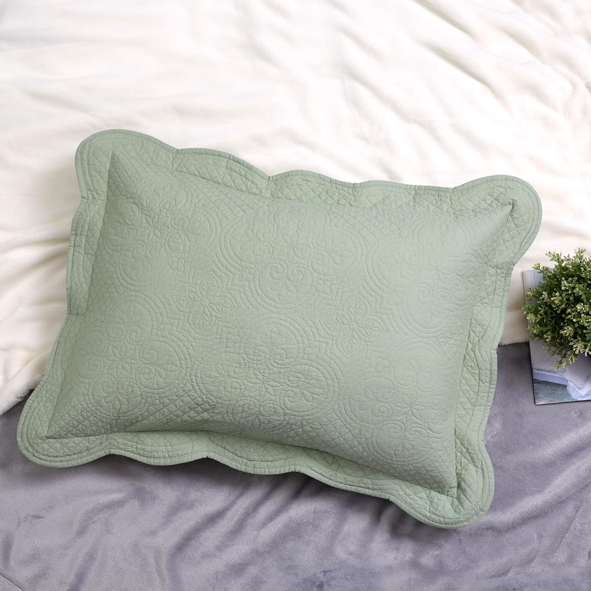 Quilted Pillow Sham Sage Green Standard Cotton Medallion Damask Set of 2 Embroidered Floral Scalloped Pillowcases