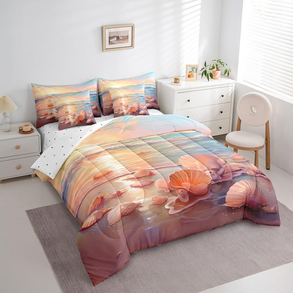 Ocean Bedding Sets 7-Piece Tropical Hawaii Comforter Set Hawaii Beach Comforter Set with Sheets Seashell Conch