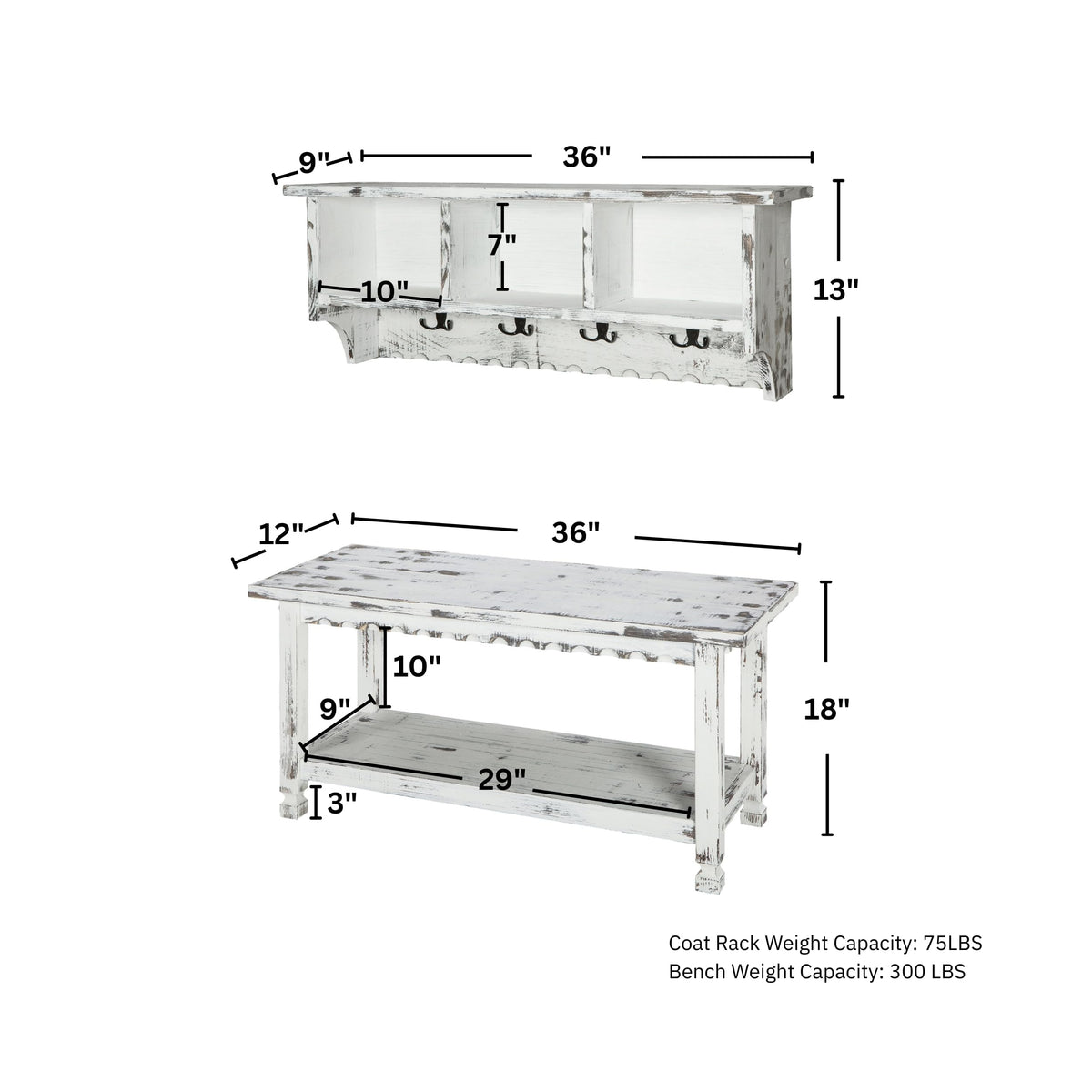 Country Cottage 36" Entryway Coat Rack and Bench Set - Wall Mounted Coat Hanger with 3 Cubbies, 4 Double Hooks &