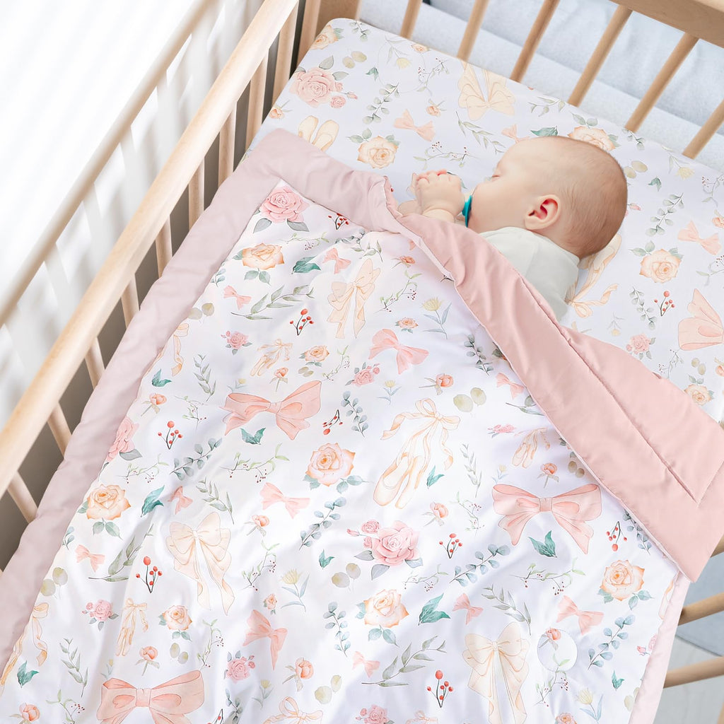 Crib Bedding Set for Girls 4-Piece, Bow Baby Girl Crib Bedding Set Pink Flowes, Nursery Sets Includes Comforter