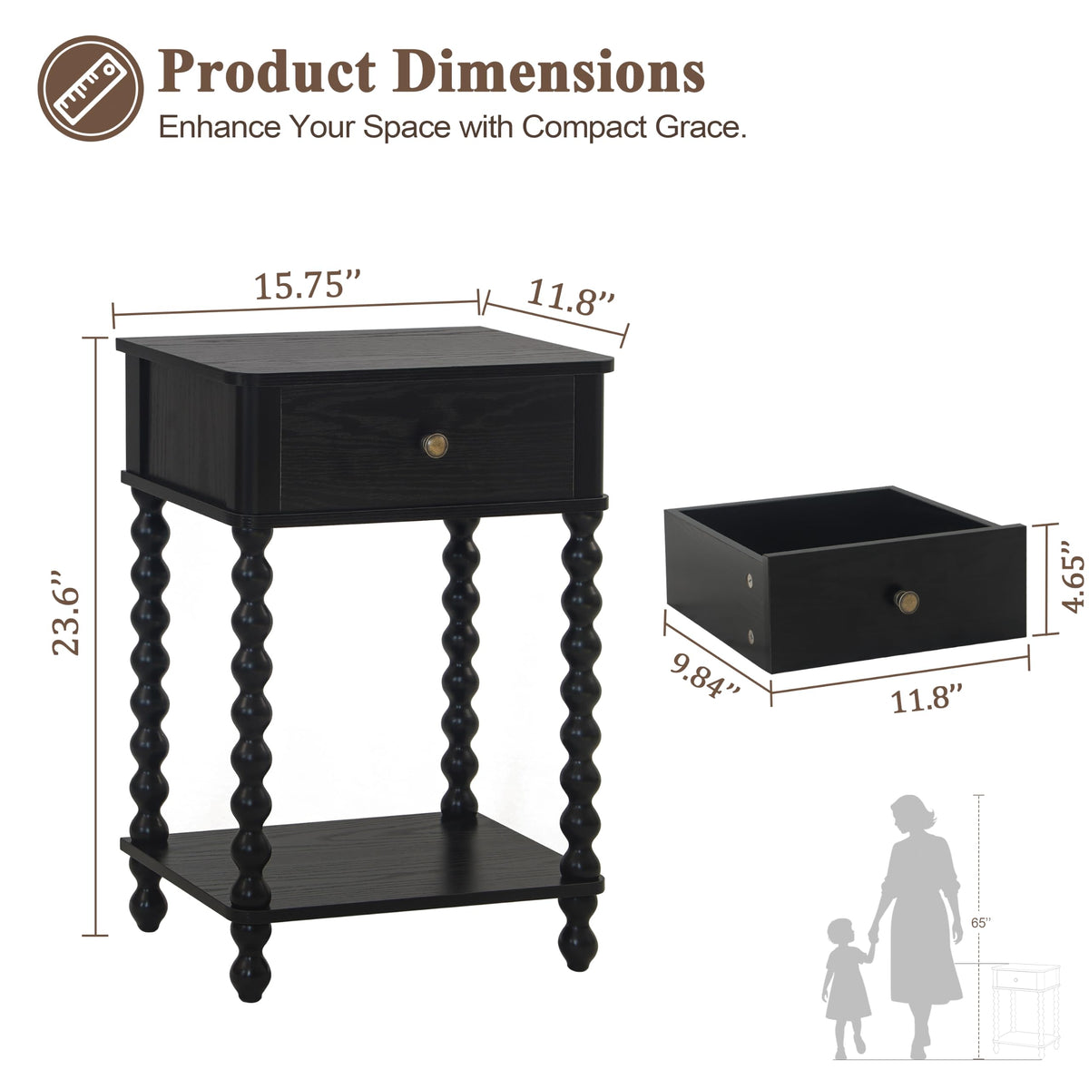 Black Nightstand, Bedroom Side Table with Drawer, Small Bedside End Table with Spindle Wood Legs, Black