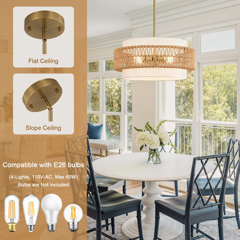 19.7" Rattan Chandelier, 4-Light Boho Pendant Hanging Light
