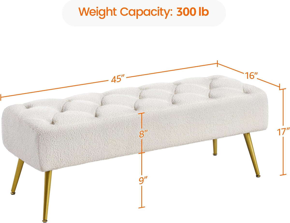 45in Boucle Ottoman Bench End of Bed, Ivory | Tufted Upholstered Bench Seat, Bed Bench with Tapered Gold Metal Legs