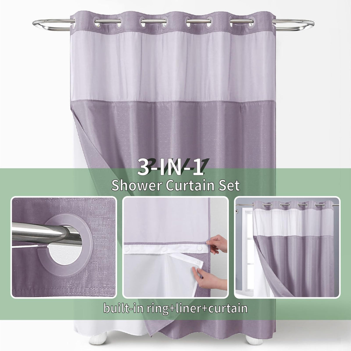 Lavender No Hook with Snap-in Fabric Liner Set, Slub Textured Fabric Shower Curtains Style Modern, Water Repellent &