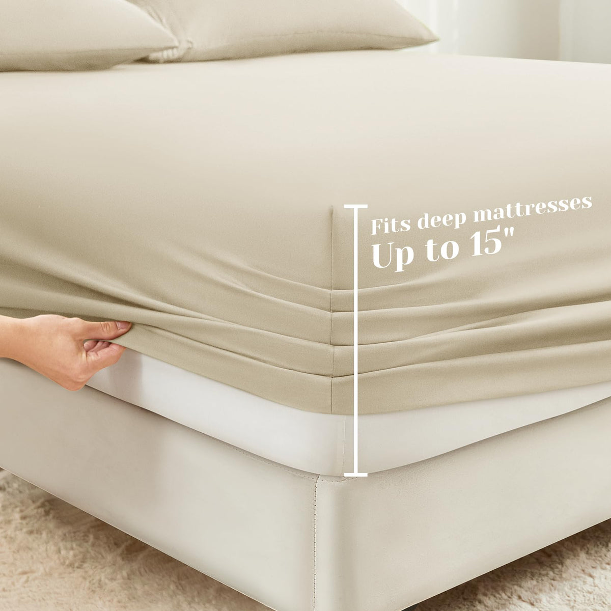 6 Pieces Bed Sheets Set with Pockets on Side(Cream), Sweat-Wicking Breathable Sheets, 16-inch Super Soft Hotel