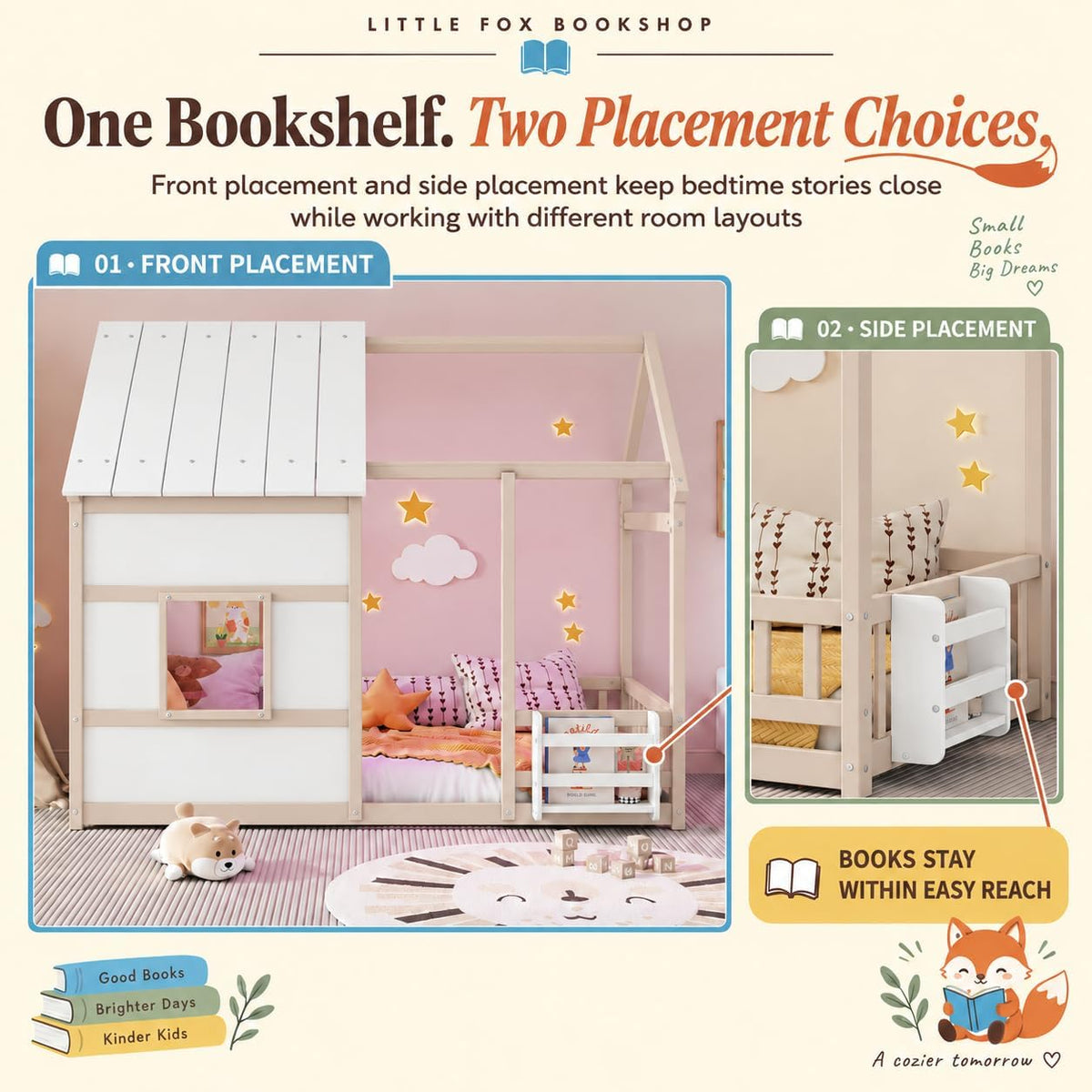 House Floor Bed with Bookshelf and 7-Color LED Lights, Cream+White