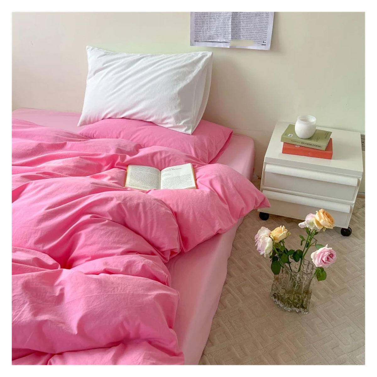 Bed, Cotton Waffle Jacquard Bright Color Four Piece Set Washed Cotton Bed Sheet and Quilt Cover