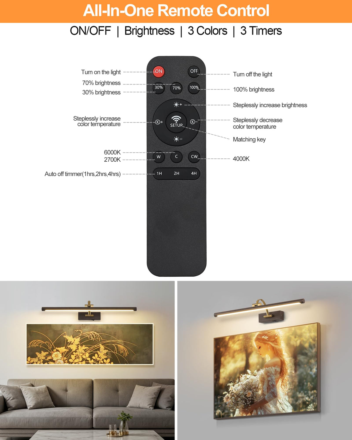 LED Picture Lights for Wall Rechargeable, Battery Operated Art Light for Paintings (Wood Grain, 23.6inch)