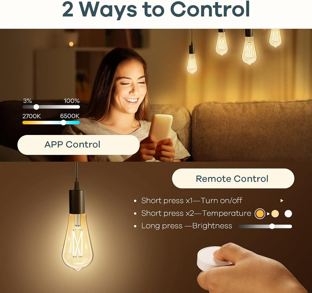 Smart Edison Bulbs, 2700K-6500K Tunable WiFi Edison Bulbs with Remote