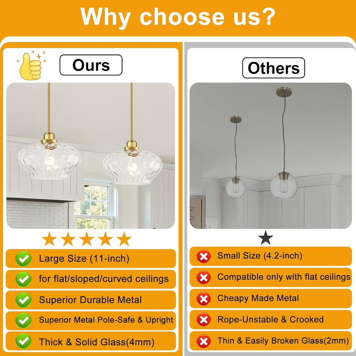 Pendant Lights Kitchen Island, Brushed Gold Pendant Light Fixtures with 11" Clear Hammered Glass Shade, Modern