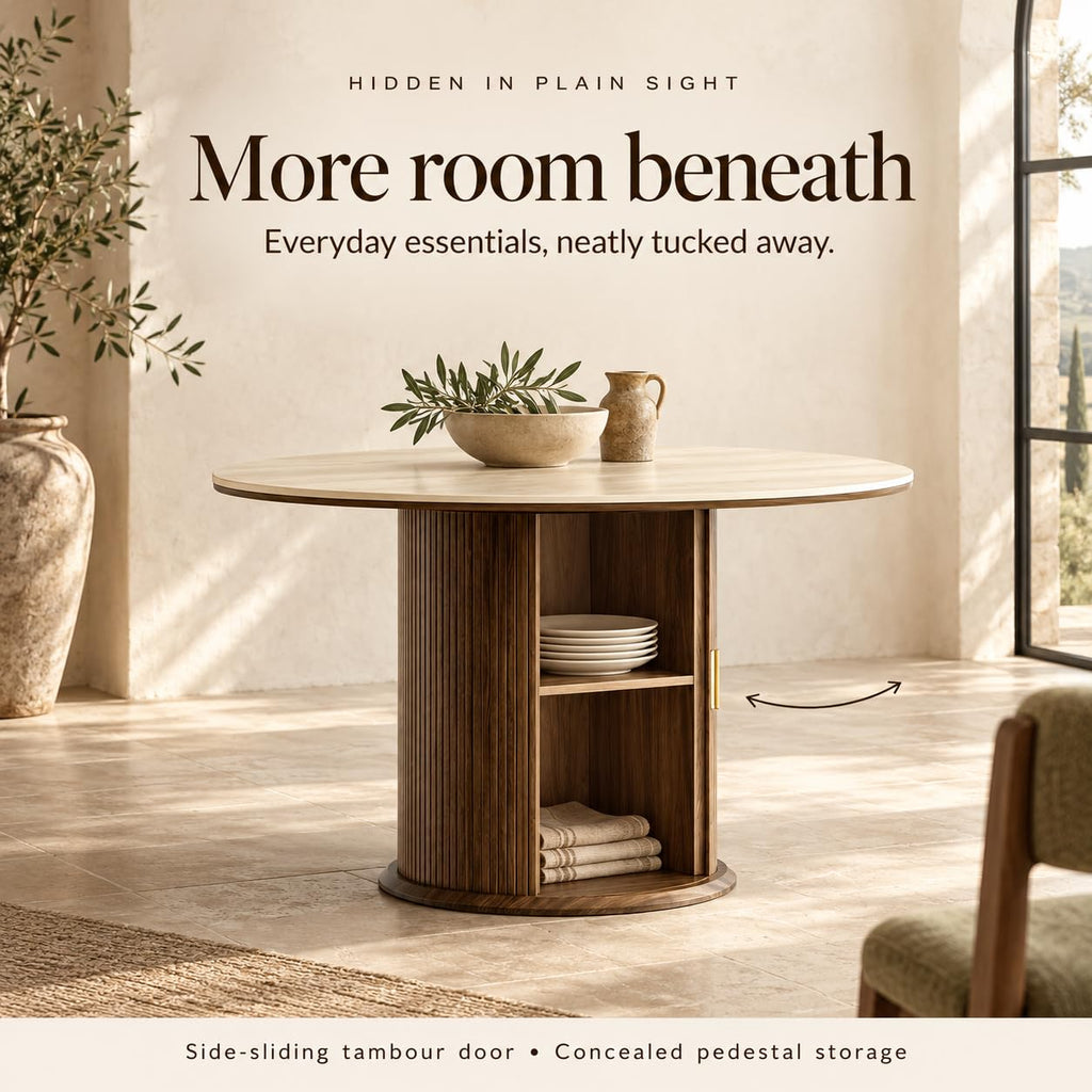 Inspired Saarinen Style 55-Inch Sintered Stone Round Dining Table with Pedestal for 6, Walnut