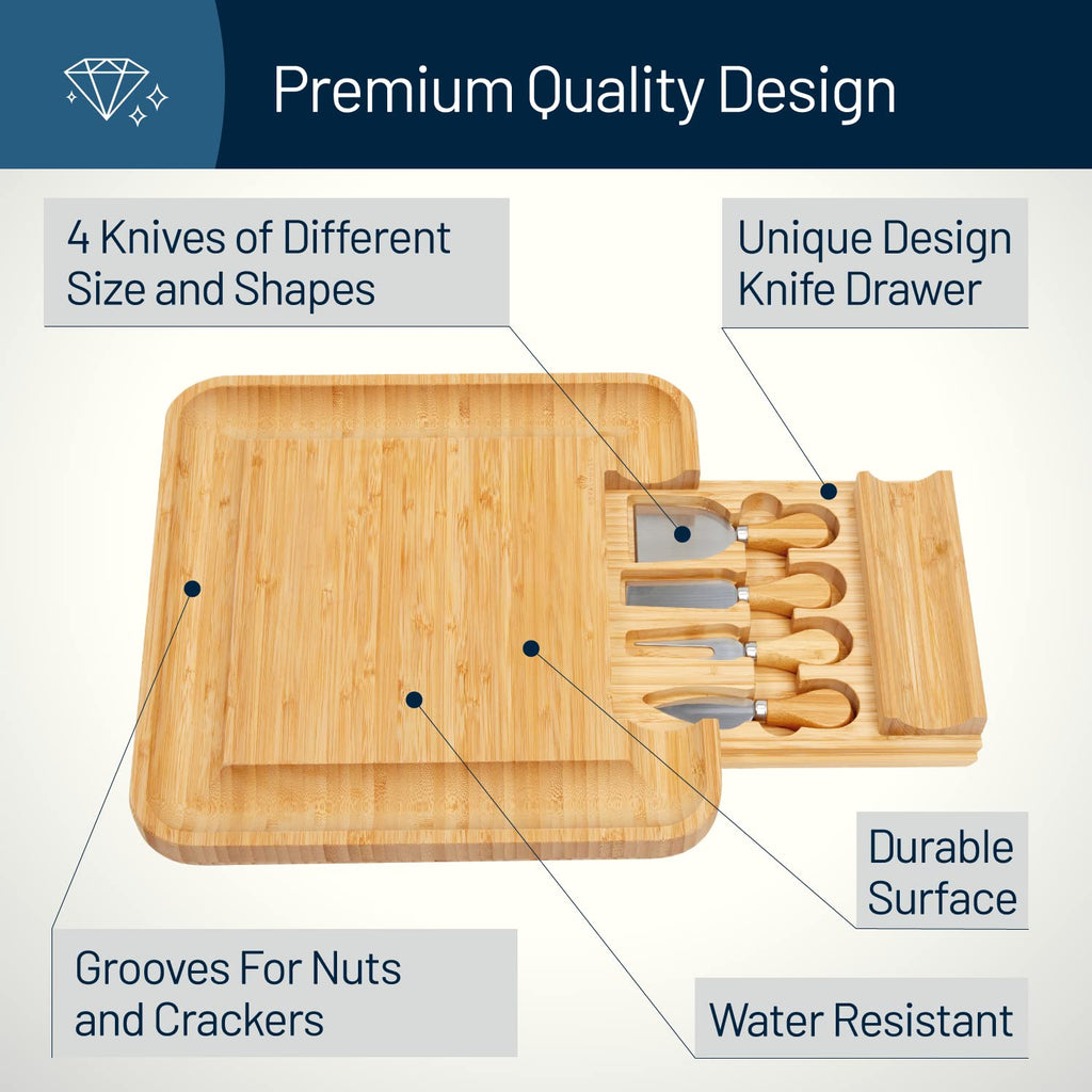 Bamboo Cheese Board and Knife Set with Slide-Out Cutlery Drawer