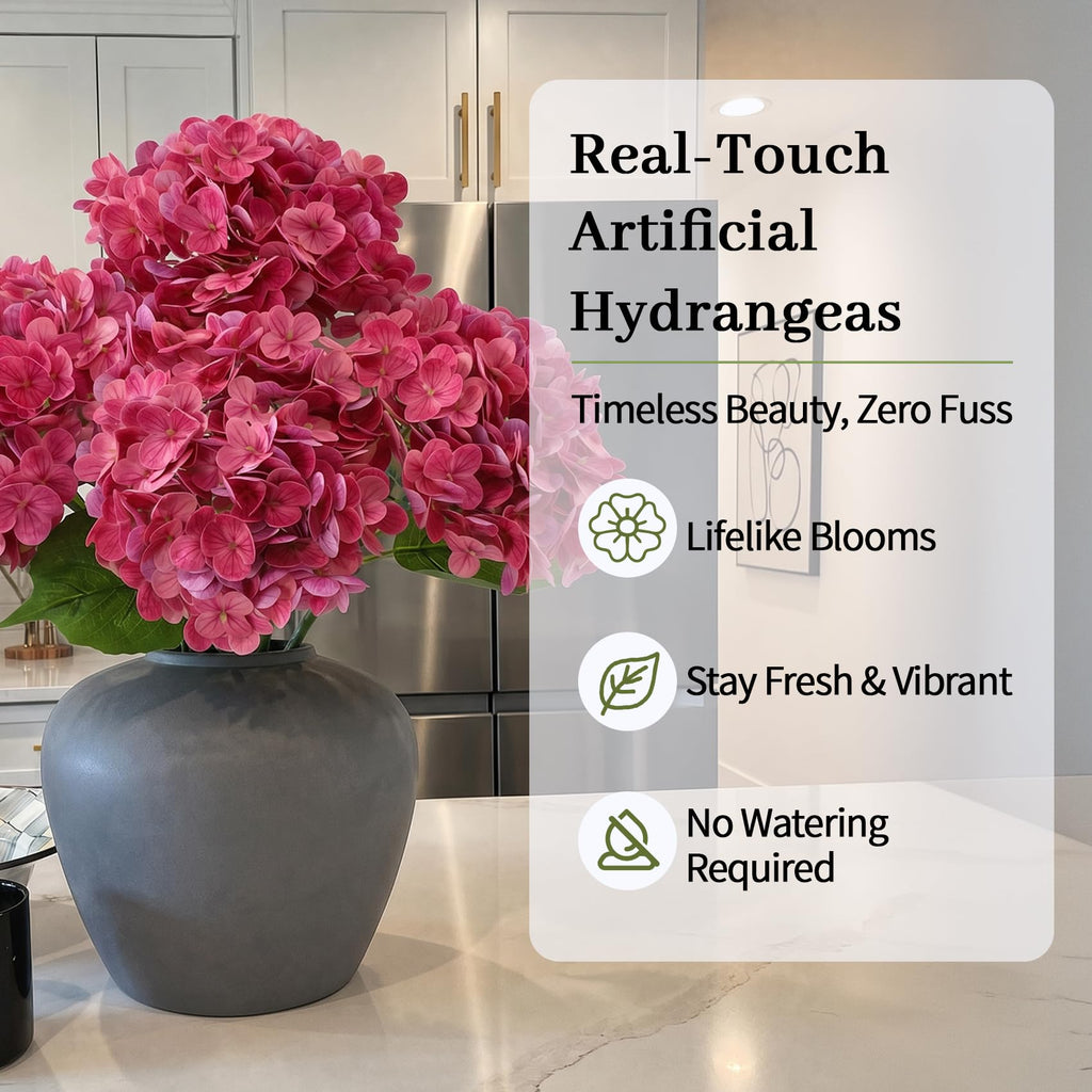 Hydrangea Artificial, 3Pcs Real Touch Faux Hydrangea with Long Stem and Leaves, Lifelike Fake for Outdoor Planters