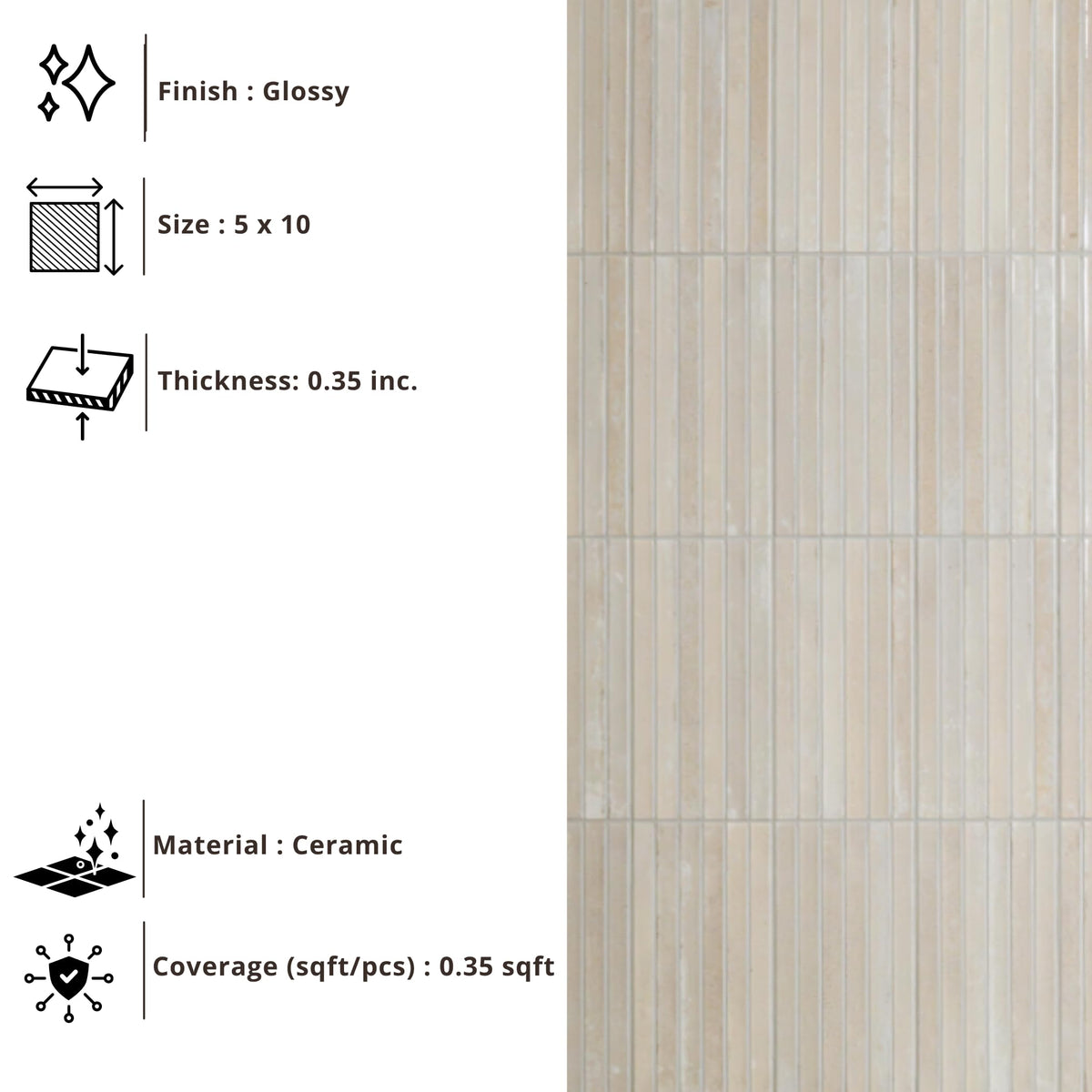 Vanilla Mist Ribbed Ceramic Wall Tile (1 Piece)