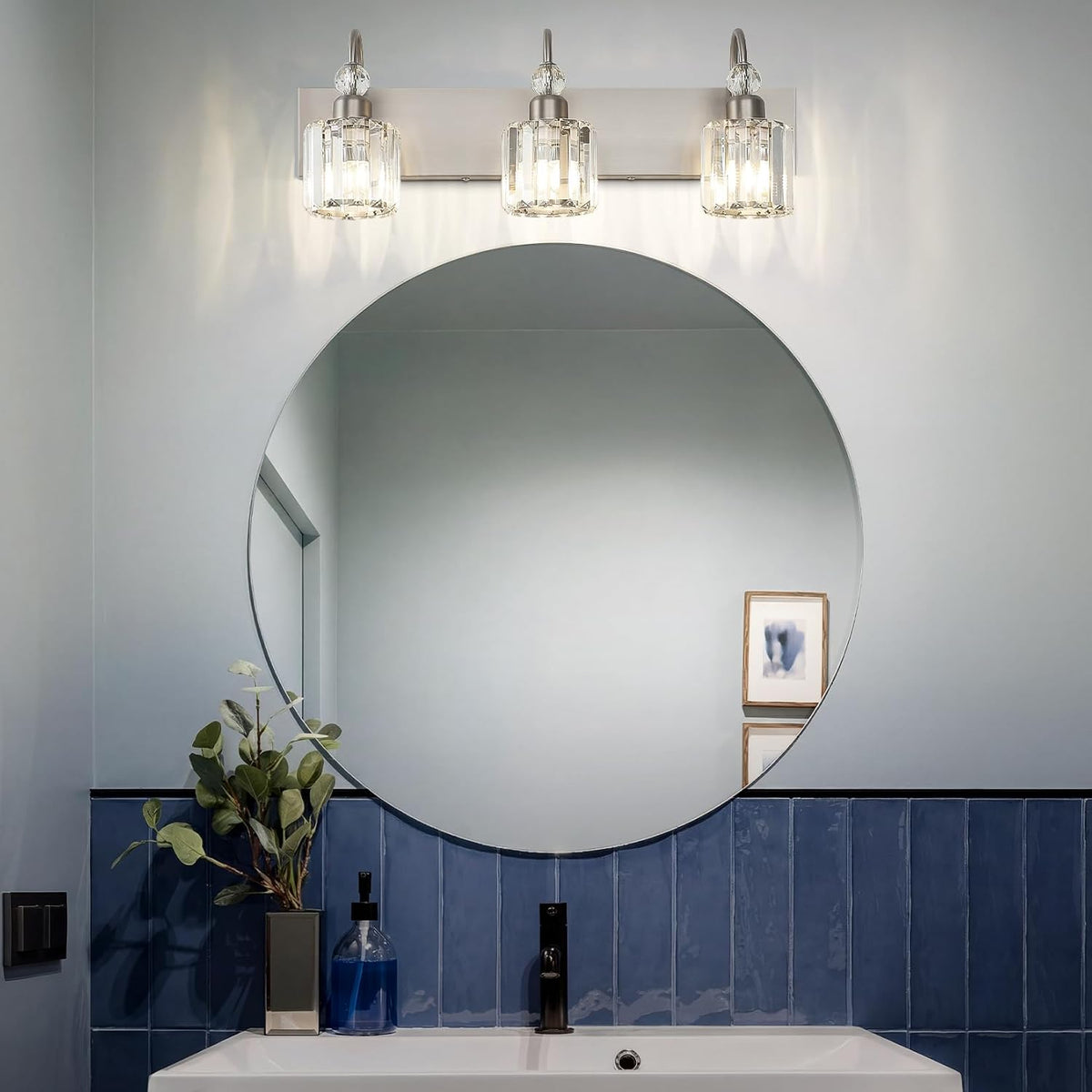 Brushed Nickel Vanity Light Crystal 3-Light Modern Bathroom Light Fixtures