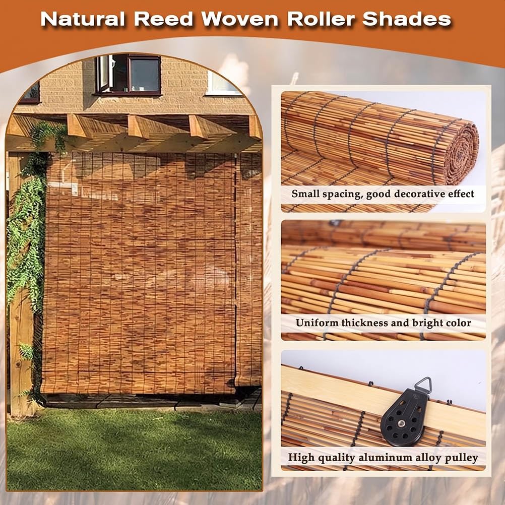 Patio Shades from Bamboo Outdoor Roll up Shades for Porch Privacy Blinds, Cordless Blackout Roller Blinds from