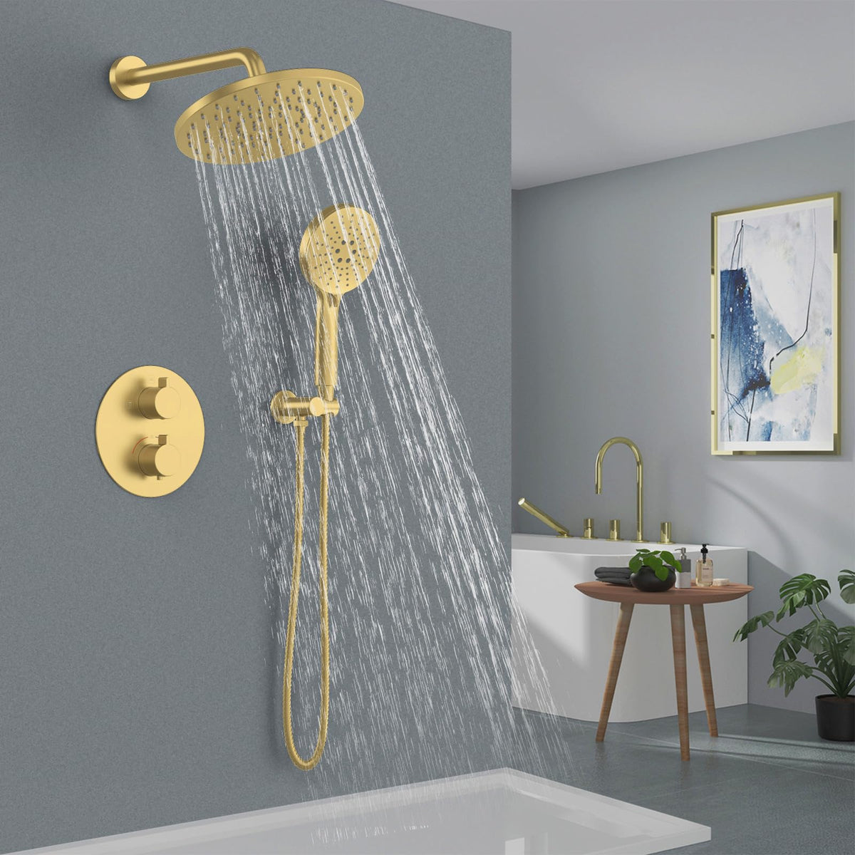 Thermostatic Shower System Wall Mount with 10 Inch Roud Rainfall Shower Head and Handheld,Shower Faucet Mixer Trim