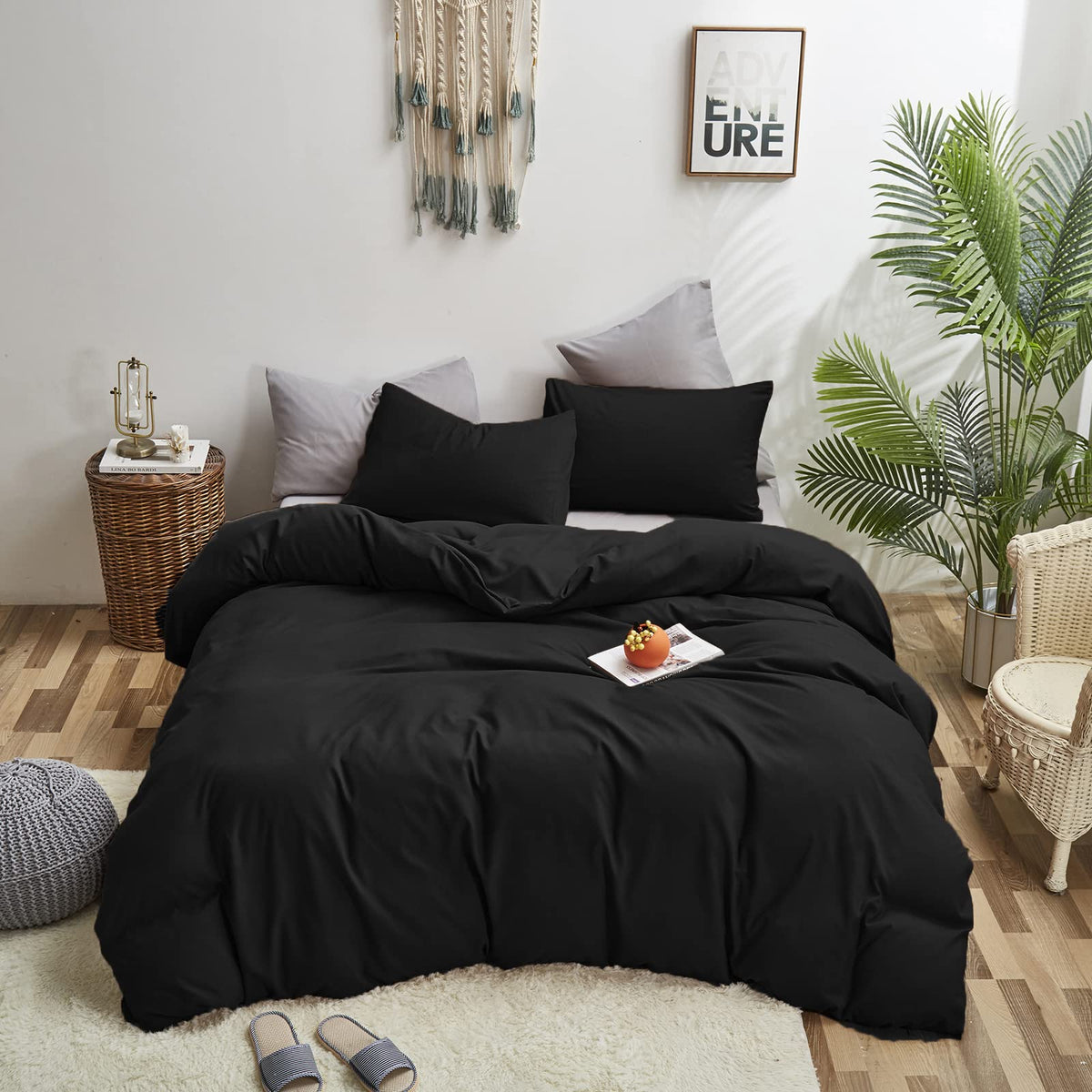 Black Comforters Set Women Men Solid Black Bedding Set Soft Breathable Lightweight Durable