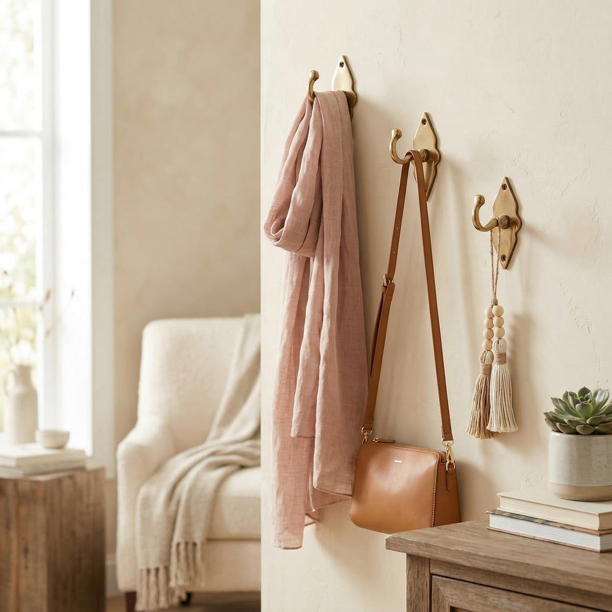 Unlacquered Solid Brass Wall Hooks - Heavy Duty Handmade Coat Hooks for Wall Mount | Decorative Brass Towel Hooks