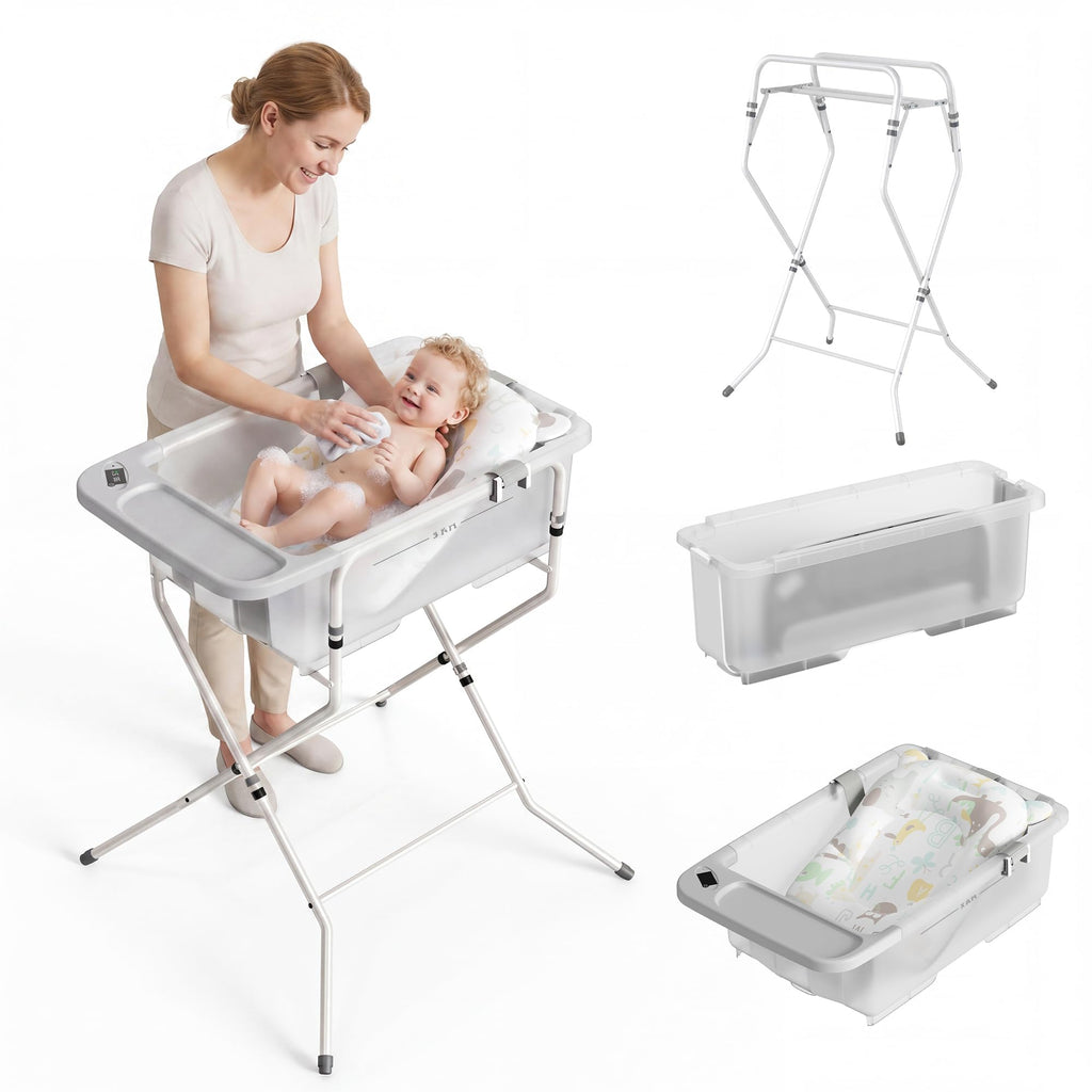 Collapsible Baby Bathtub with Stand - Clear Big Baby Bath Tub with Thermometer | Parents Spine Save Infant Baby Tub