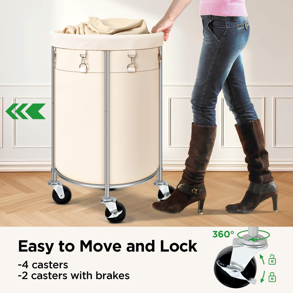 100L Round Rolling Laundry Hamper Basket with Wheels, Beige