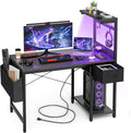 Gaming Desk 40 Inch with Power Outlet and LED Light, Computer Desk with Reversible Shelves and Storage Drawer, Pc