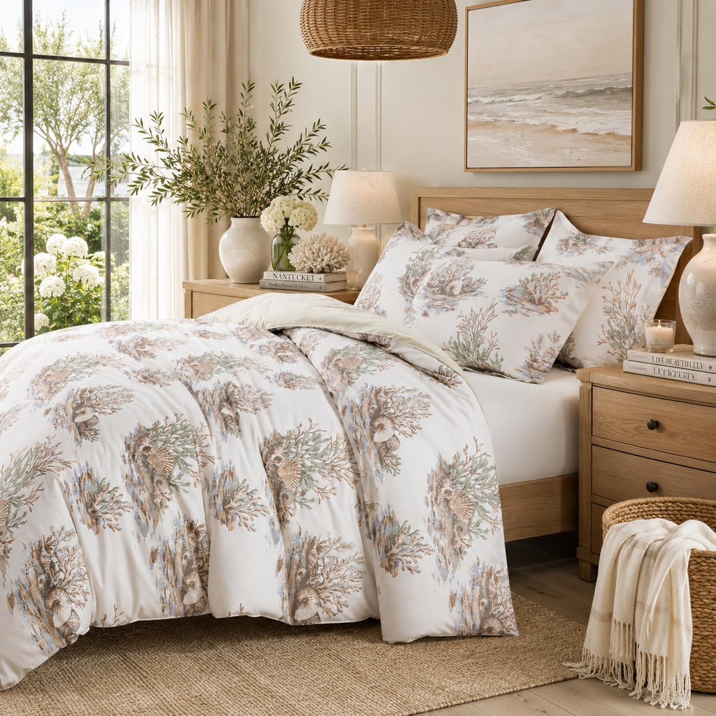 Luxury Coastal Cotton Duvet Cover Set Coastal Coral Seashell Toile Print Hotel-Quality Bedding Set 3-Piece