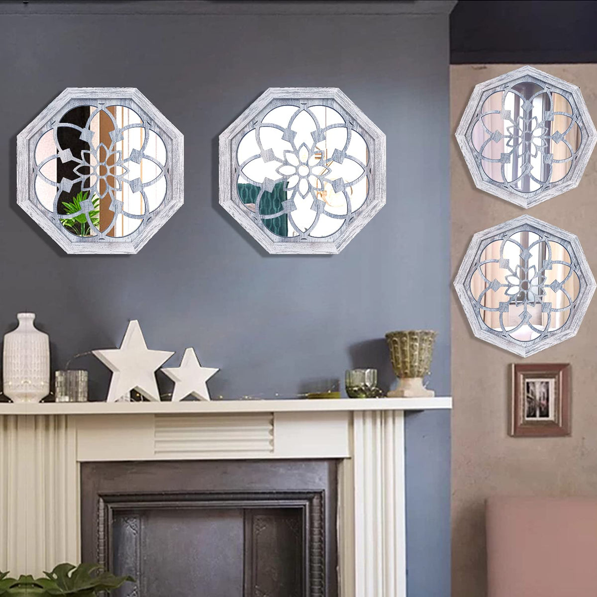 2 PCS Octagon Wall-Mounted Mirrors,Vintage Farmhouse Mirror for Wall Decor,Rustic White Color Decorative Accent