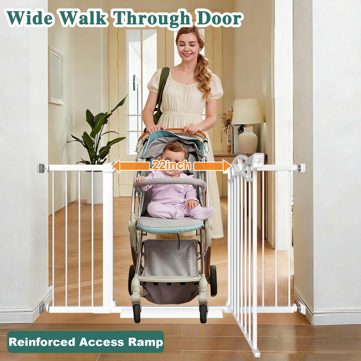 29.5"-48.8" Extra Wide Baby Gate for Stairs, Pressure Mounted Metal Long Dog Gates Indoor Doorways Walk Thru No Drill