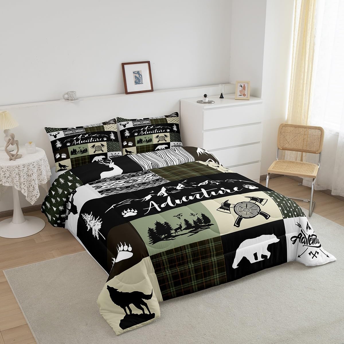 Rustic Farmhouse Comforter Set, Bear Deer Wolf Wild Animals Patchwork Bedding Set All Season Quilt Set, Cabin