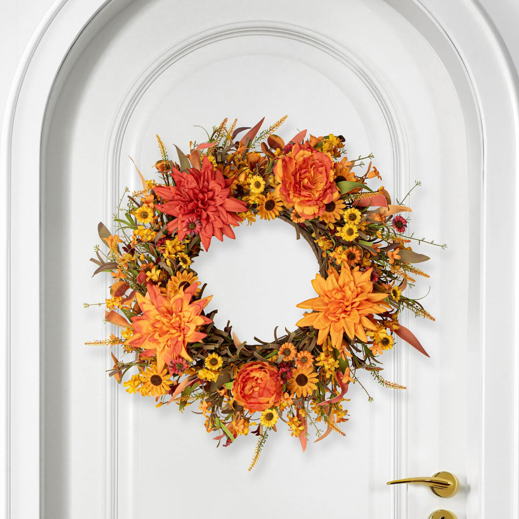 22 Inch Artificial Fall Wreath Autumn Wreaths for Front Door Thanksgiving Wreath with Peony Dahlia Daisy Flowers for