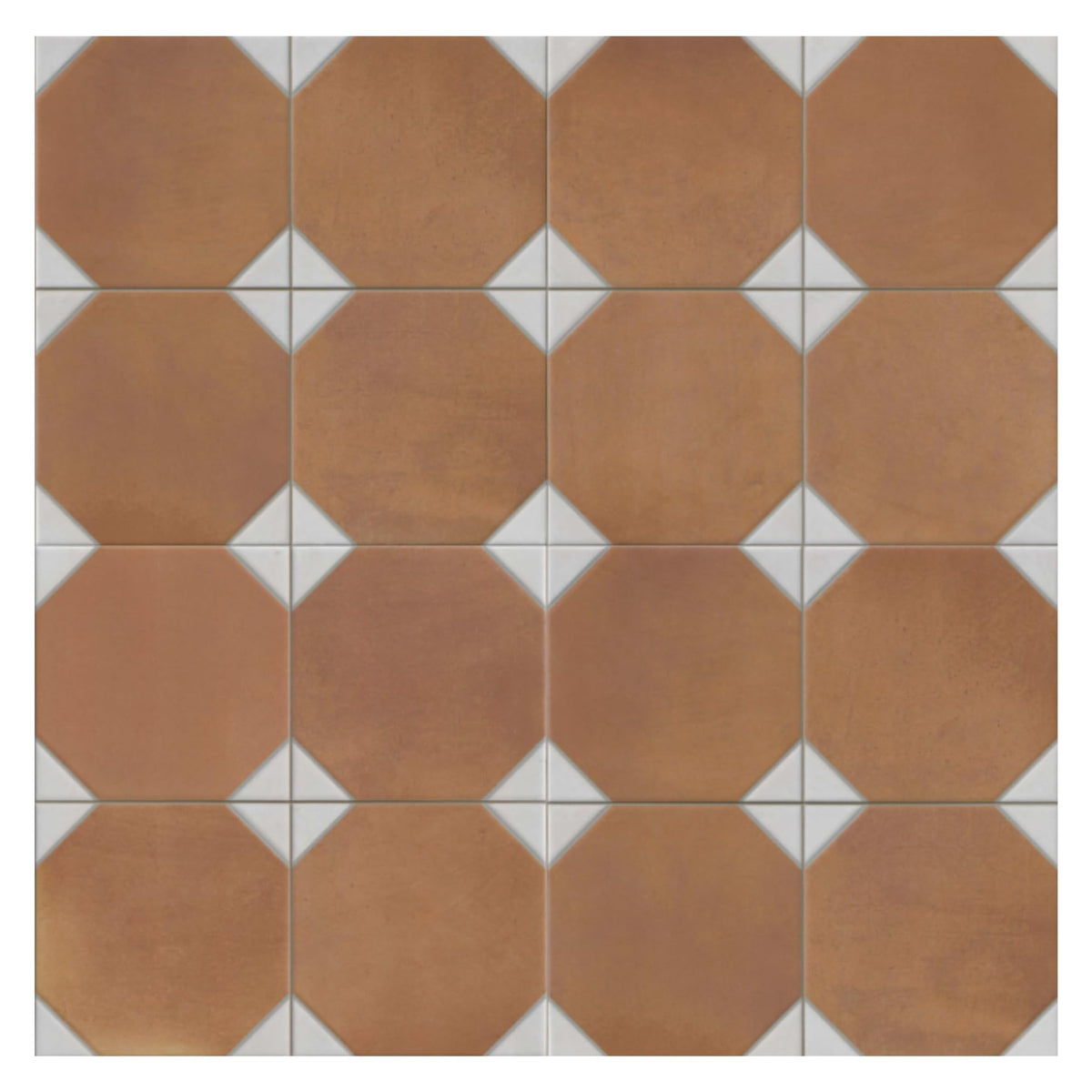 Terracotta Cotto & White Geometric Porcelain Floor and Wall Tile 13" x 13", Matte Vintage Pattern Decorative Tile