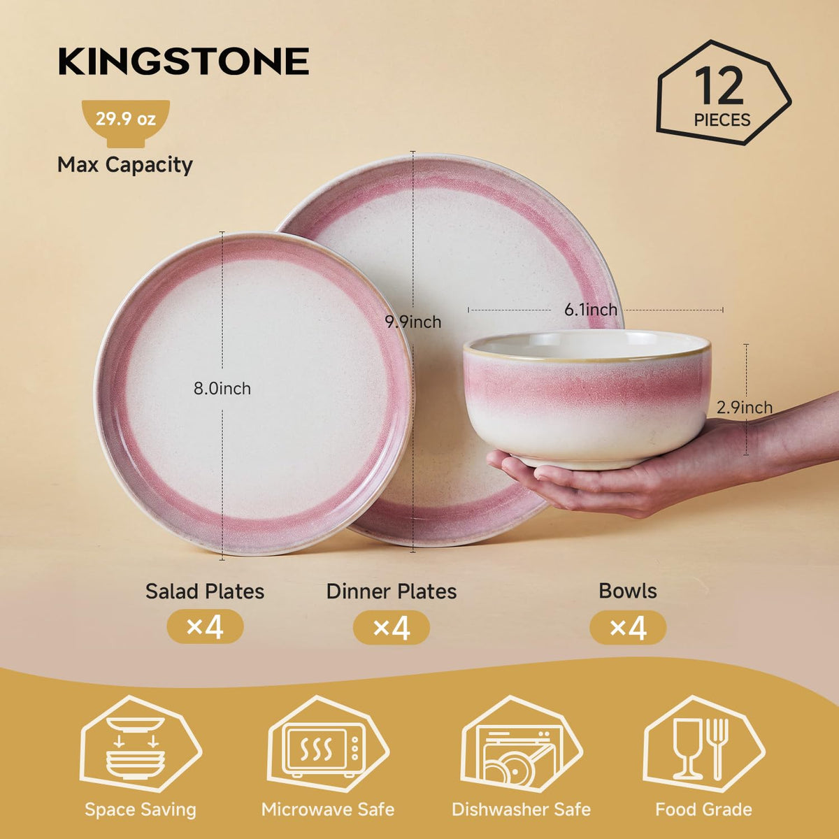 Dinnerware Set for 4, Pink Reactive Glaze Plates and Bowls Sets
