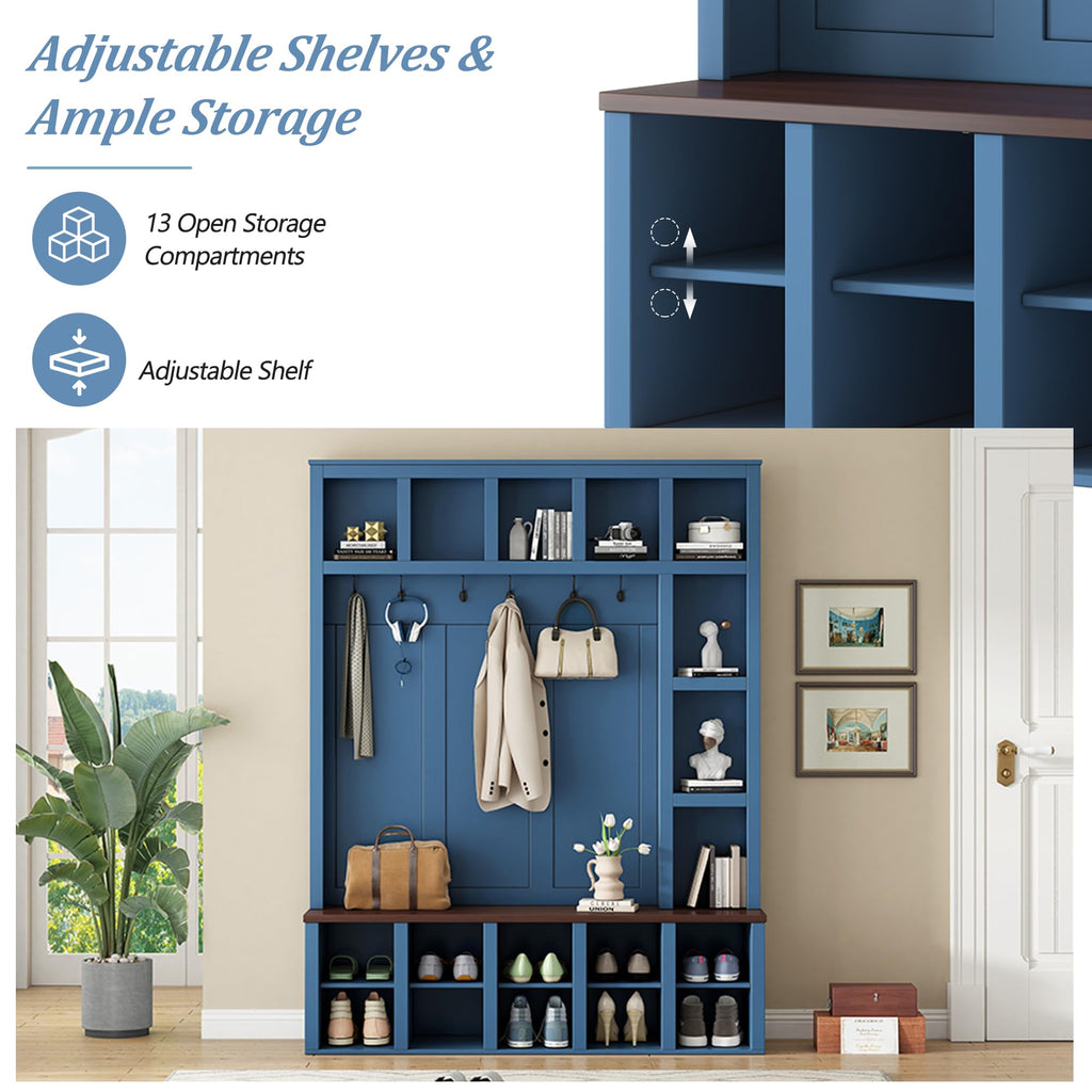 Hall Tree with Bench & Shoe Storage, Farmhouse Wood Coat Rack, Blue