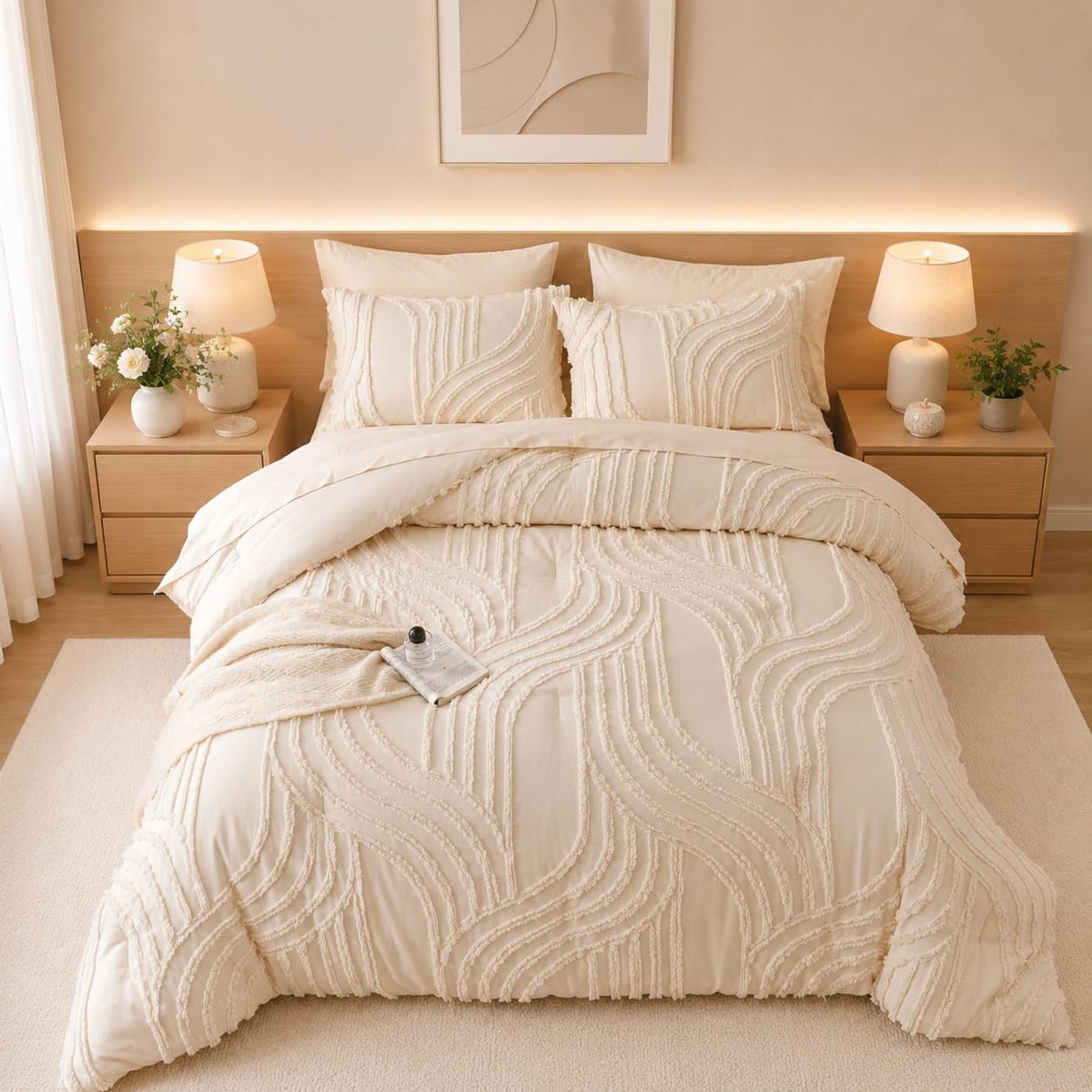 Beige Comforter Set - 7 Pieces Bed in a Bag, Premium Comforters Bed Set Tufted Shabby Chic Bedding