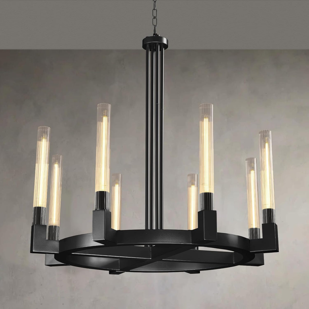 Inspired Cannele Style 36'' Black Wagon Wheel Chandelier with Knurled Glass Shade,8-Lights Modern Copper Farmhouse Chandeliers for High Ceilings,Large Round Chandeliers for Dining Room,Living Room,Bedroom,Foyer,Entryway