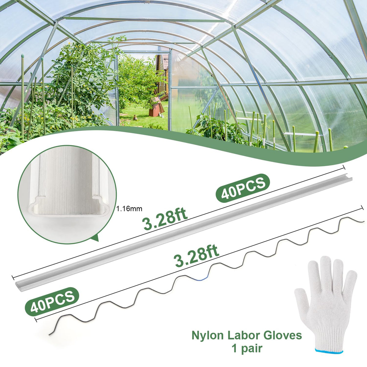 40-Pack 3.28-Foot Greenhouse Wiggle Spring Wire & Lock Channel Kit | PVC-Coated Spring & Aluminum Channels | Poly